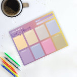 Bloc-note Pastel violet rose jaune dégradé Planificateur heb<br><div class="desc">Organisez votre semaine avec ce bloc-notes hebdomadaire personnalisé. Il comporte deux zones vierges au-dessus desquelles la semaine et le mois peuvent être entrés, et huit zones sur la partie principale pour les sept jours de la semaine, plus un endroit pour vos notes, le tout dans des couleurs pastel de violet,...</div>