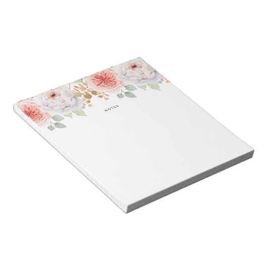 Bloc-note Peach Peonies d'aquarelle Feuilles d'or (Incliné)