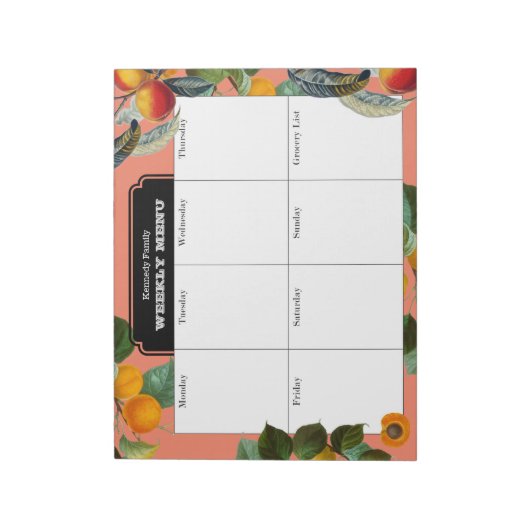 Bloc-note Peach Weekly Menu Meal Planner (Tourné)