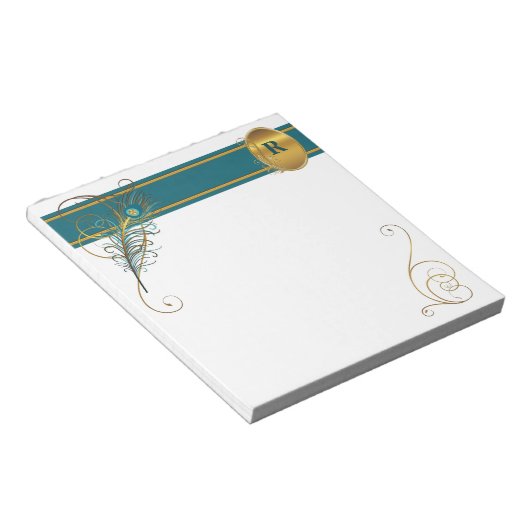 Bloc-note Peacock Turquoise monogramme avec des notes d'or (Incliné)