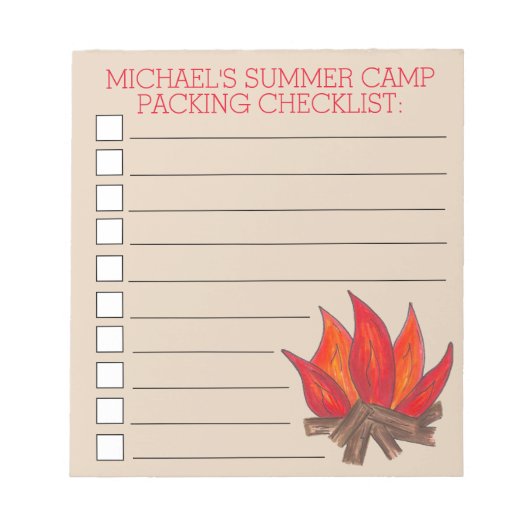 Bloc-note Personalized Campfire Summer Camp Packing List (Devant)