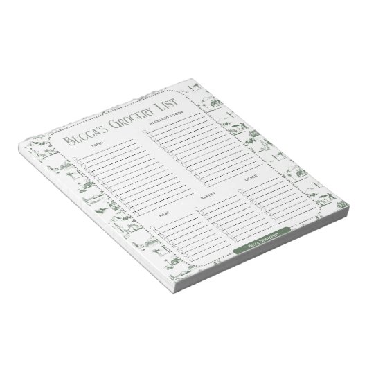 Bloc-note Personalized Green Toile Grocery List Notepad (Incliné)