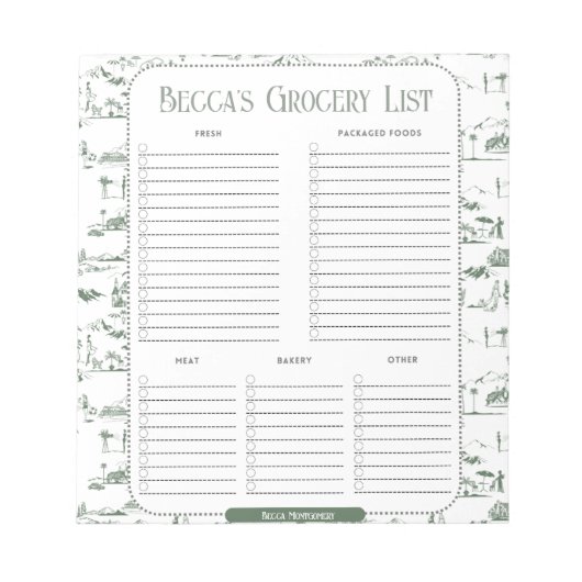 Bloc-note Personalized Green Toile Grocery List Notepad (Devant)