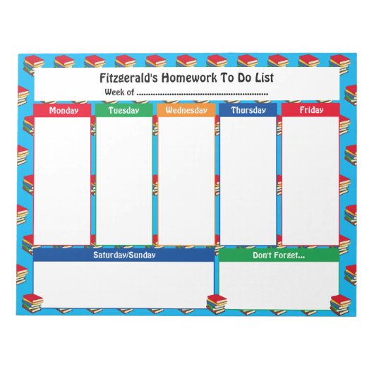Bloc-note Personalized HOMEWORK TO DO LIST | BOOKS Tear Away (Devant)