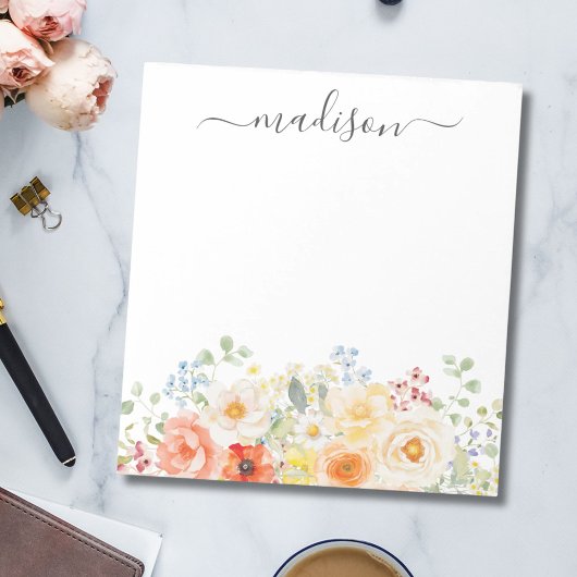 Bloc-note Personalized Name Monogram Watercolor Sunny Floral