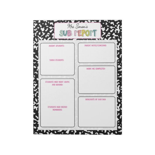Bloc-note Personalized Substitute Teacher Report Note (Tourné)