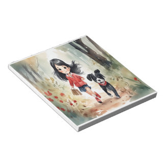 Bloc-note Petite fille courant dans les bois avec son chien