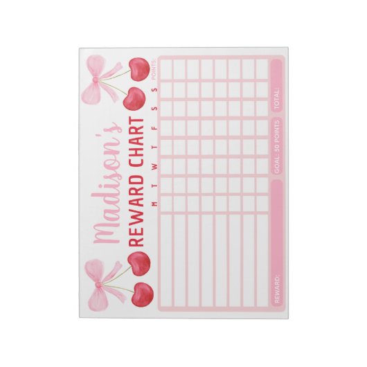 Bloc-note Pink Cherry Bow Girl Reward Chart Chore Chart (Tourné)