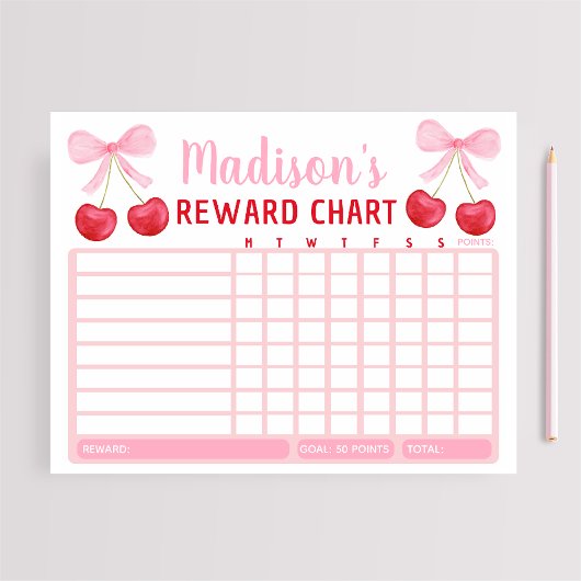 Bloc-note Pink Cherry Bow Girl Reward Chart Chore Chart