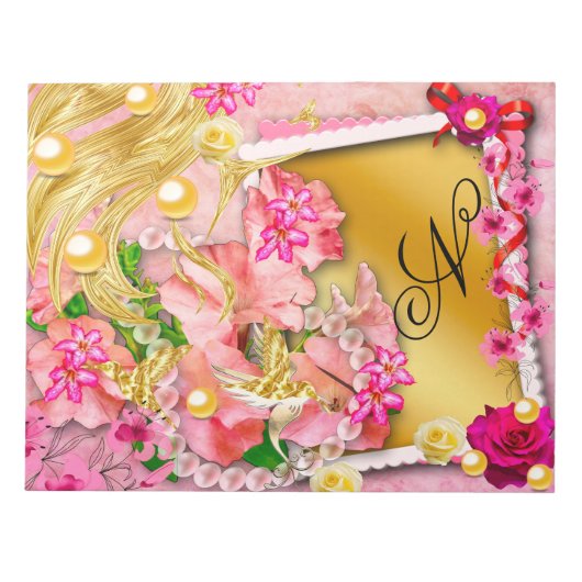 Bloc-note Pink Floral Collage Fairy Gold Bird Monogramme (Devant)