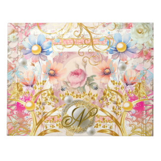 Bloc-note Pink Floral Collage Fairy Gold Bird Monogramme