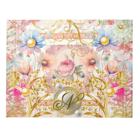 Bloc-note Pink Floral Collage Fairy Gold Bird Monogramme (Devant)