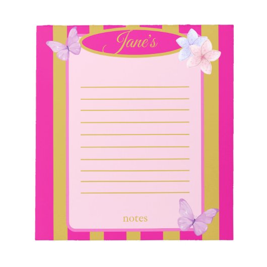 Bloc-note Pink & Gold Pinstripes Butterfly Floral  (Devant)