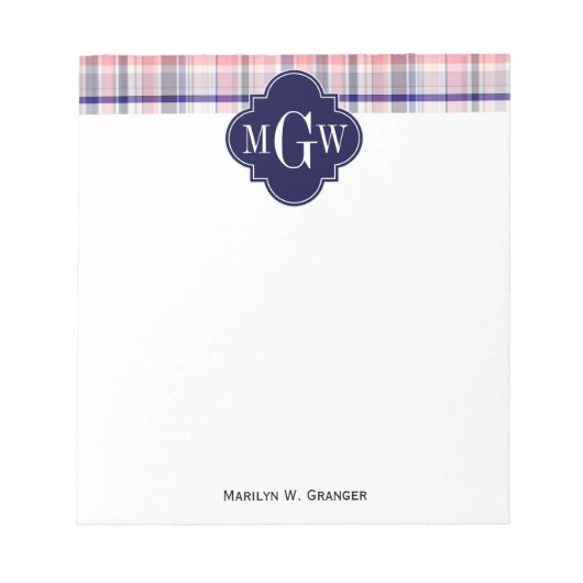 Bloc-note Pink Navy White Preppy Madras Quatrefoil (Devant)