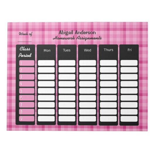 Bloc-note Pink Plaid Homework Assignment Notepad (Devant)