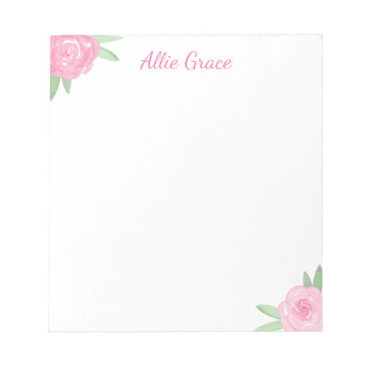 Bloc-note Pink Rose Floral Notepad - Personalized Name (Devant)