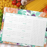Bloc-note Plan de repas hebdomadaire et liste d'épicerie - F<br><div class="desc">Aquarelle à motifs floraux avec planificateur de repas hebdomadaire et liste d'épicerie. Jolies roses et feuillage dans les tons turquoises, violets et abricot encadrent chaque page. Il est un espace imprimé où vous pouvez écrire vos repas pour tous les jours de la semaine, des notes supplémentaires et une liste d'épicerie...</div>