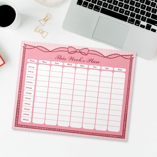 Bloc-note Plan hebdomadaire horaire avec ruban rose