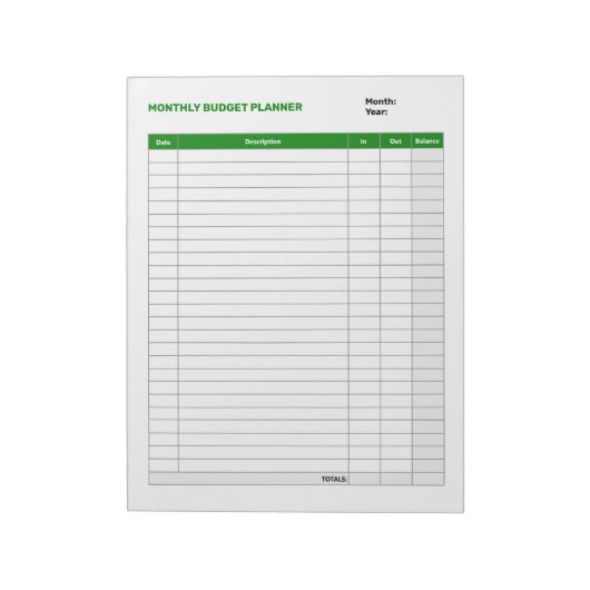 Bloc-note Planificateur budgétaire mensuel simple vert (Tourné)