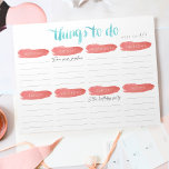 Bloc-note Planificateur de liste hebdomadaire à faire | Cora<br><div class="desc">Organisez votre semaine avec notre carnet de notes pratique en corail chic et aqua! Le design propose des "Choses à faire" en écriture de script de brushstroke à l'aquarelle, avec 5 lignes par jour de la semaine, plus une section de notes bonus. Remplissez la "semaine de" en haut et joignez...</div>