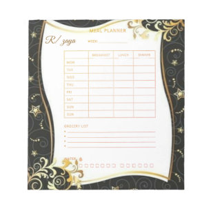 Bloc-note Planificateur de repas floral noir or Aquarelle & 