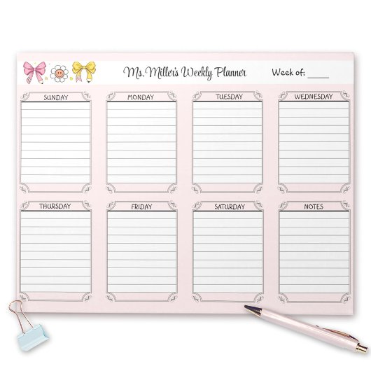 Bloc-note Planificateur hebdomadaire Pink School Nom de l'en