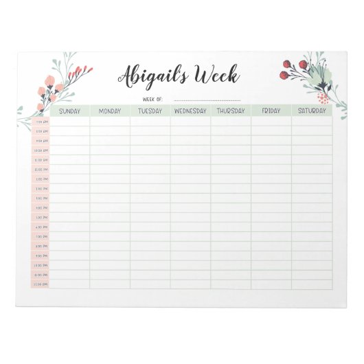 Bloc-note Planificateur horaire hebdomadaire avec dimanche D (Devant)