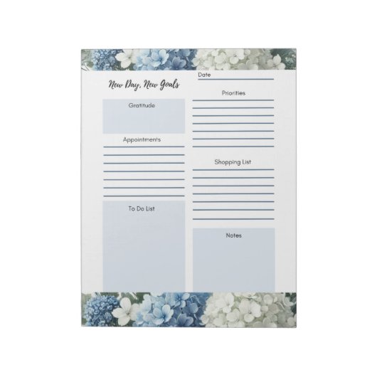 Bloc-note Planificateur quotidien blanc bleu floral  (Tourné)