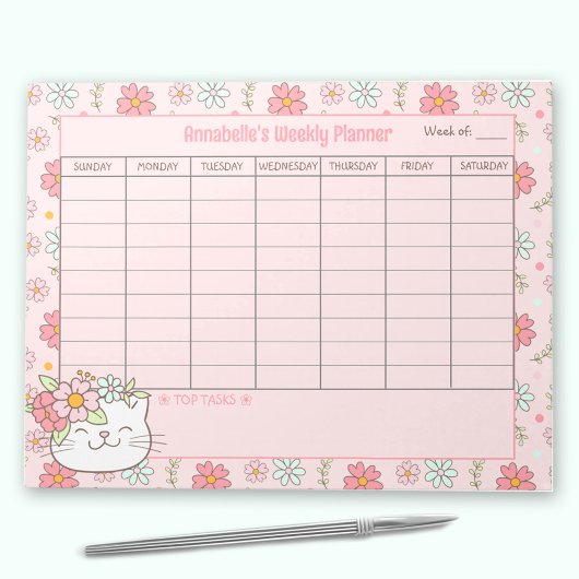 Bloc-note Planner hebdomadaire Cute Chat Rose Nom Floral Tea