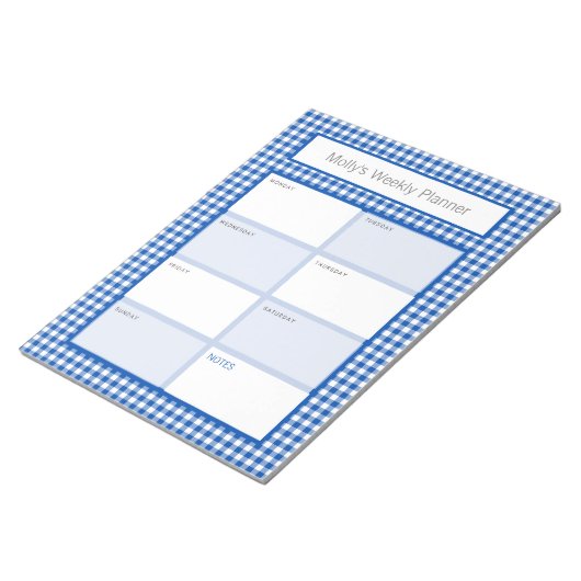 Bloc-note Planner personnalisé En vichy bleu et blanc (Incliné)