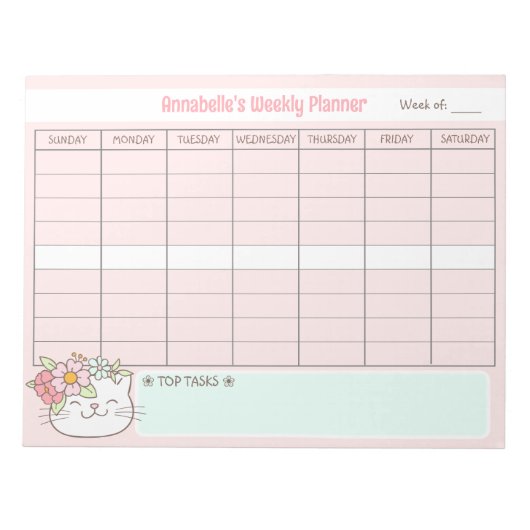 Bloc-note Planner Weekly Cute Chat Rose Nom Tear Away (Devant)