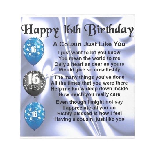 Bloc-note Poème Cousin 16e anniversaire - Bleu (Devant)