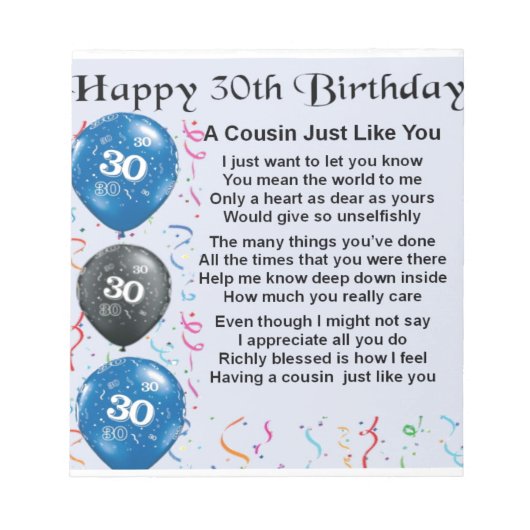 Bloc-note Poème Cousin 30e anniversaire (Devant)