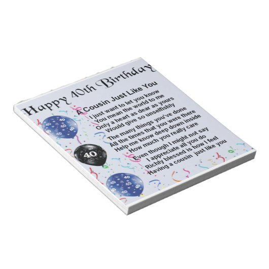Bloc-note Poème Cousin 40e anniversaire (Incliné)