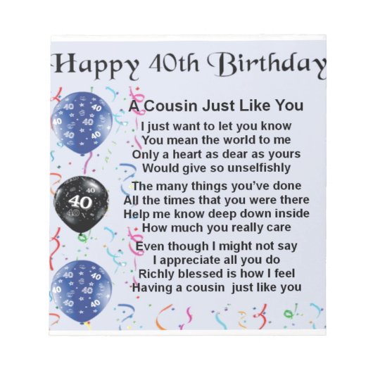 Bloc-note Poème Cousin 40e anniversaire (Devant)