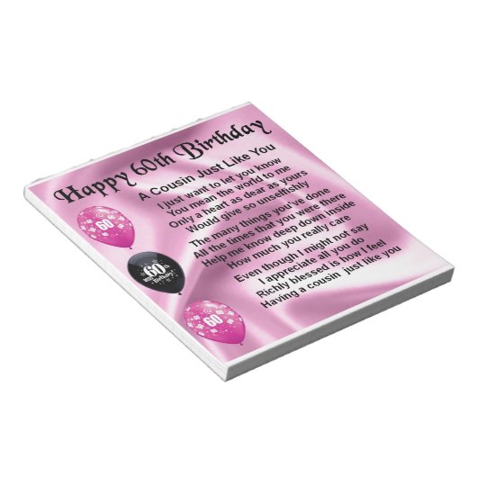 Bloc-note Poème Cousin - Rose - 60e anniversaire (Incliné)