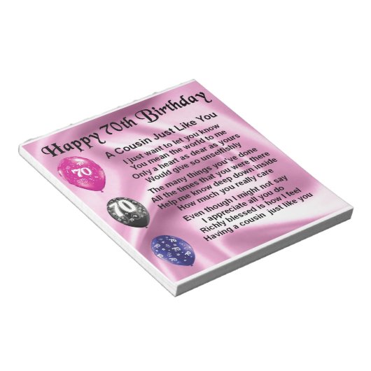 Bloc-note Poème Cousin - Rose - 70e anniversaire (Incliné)