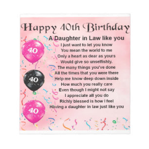 Bloc-note Poème de belle-fille - quarantième anniversaire