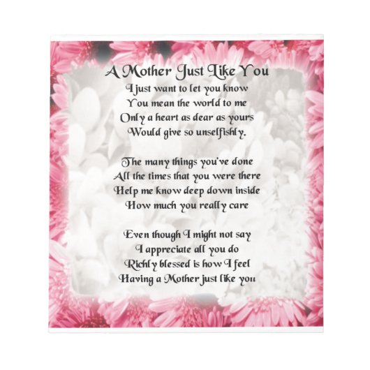 Bloc-note Poème Mère - Design Floral Rose (Devant)