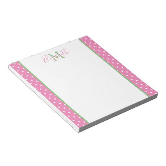 Bloc-note Pointe rose et blanche avec Monogramme vert (Incliné)