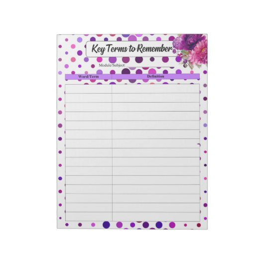 Bloc-note Pois floraux violets _ Termes clés à retenir (Tourné)