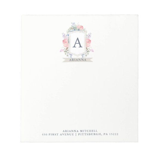 Bloc-note Poitrine d'aquarelle florale avec monogramme (Devant)