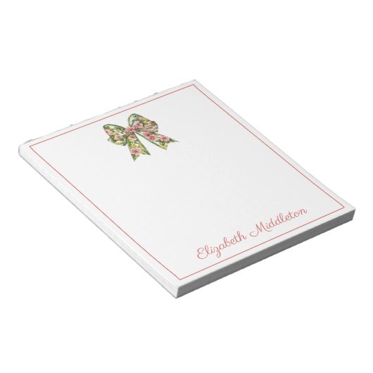 Bloc-note Preppy Floral Pink and Green Bow Personalized (Incliné)