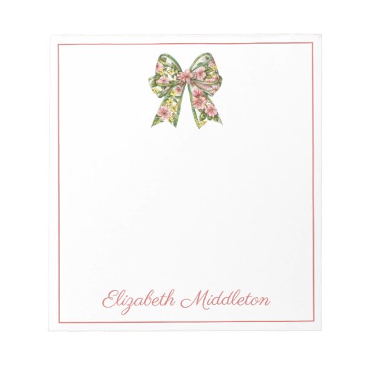 Bloc-note Preppy Floral Pink and Green Bow Personalized (Devant)