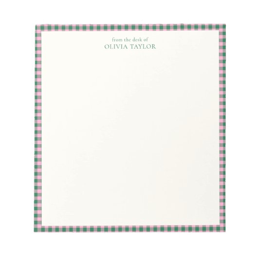 Bloc-note Preppy Pink Green Gingham Plaid Personalized Name (Devant)