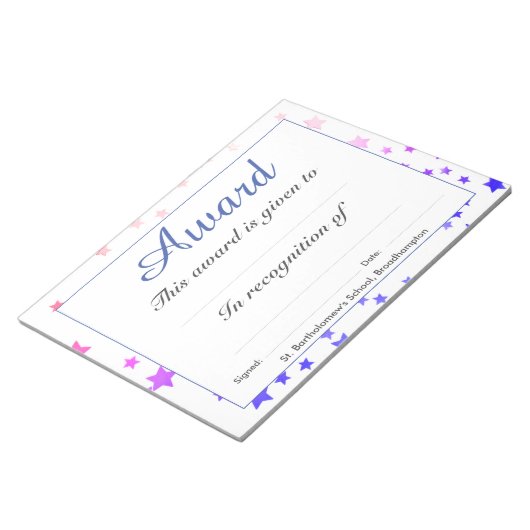 Bloc-note Prix d'excellence scolaire Feuillets d'arrêt d'un (Incliné)