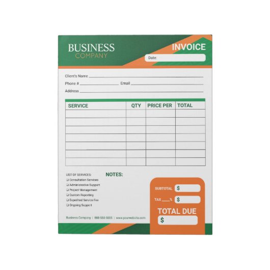 Bloc-note Professional Green with Orange Stripe Invoice Form (Tourné)