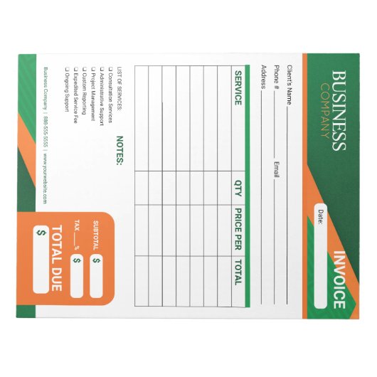 Bloc-note Professional Green with Orange Stripe Invoice Form (Devant)