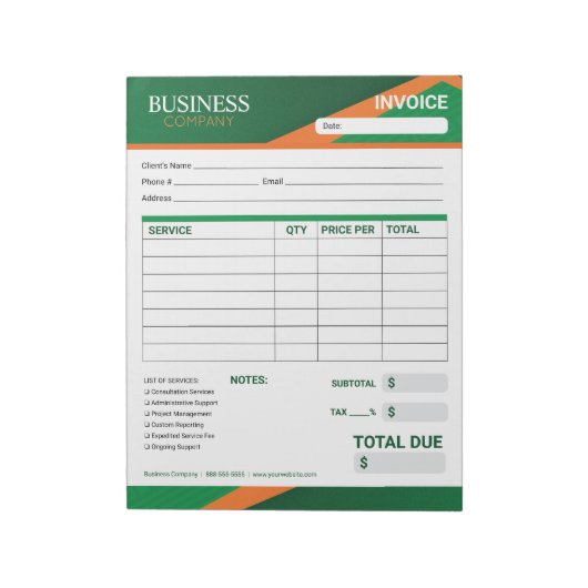 Bloc-note Professional Green with Orange Stripe Invoice Form (Tourné)