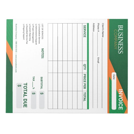Bloc-note Professional Green with Orange Stripe Invoice Form (Devant)